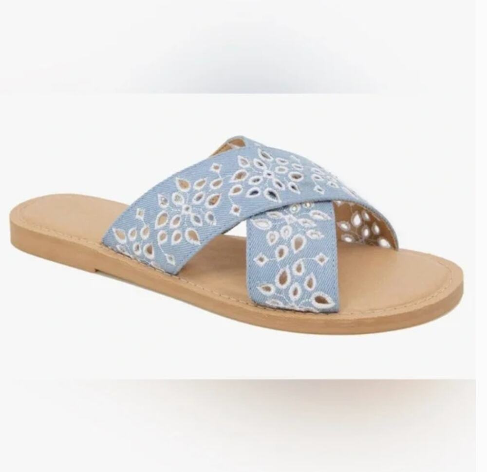 Splendid Salvia Embroidered Eyelet Slides 9 Blue White NWOT Sandals Resort Beach